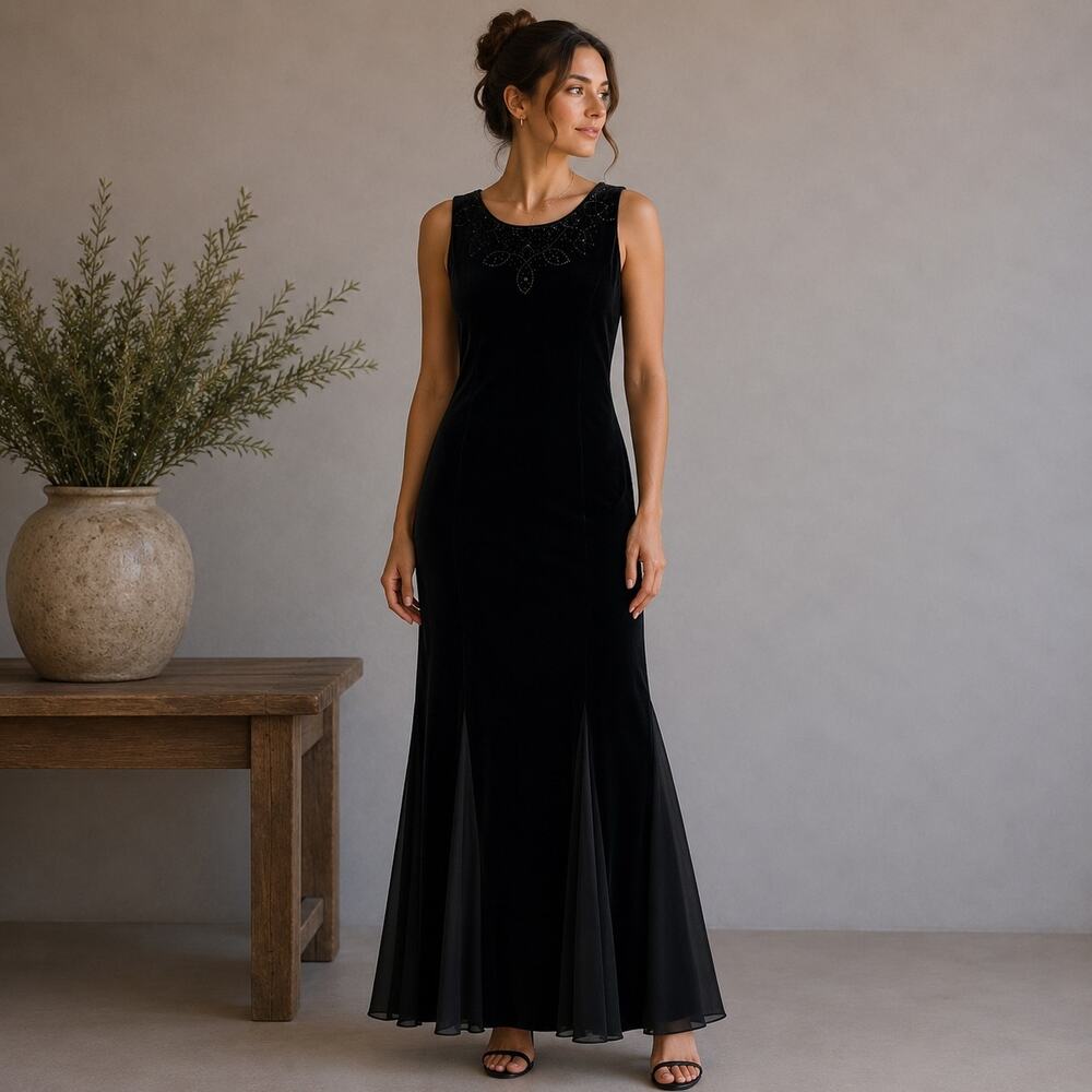 Vintage Sheri Martin Black Velvet Whimsigoth Sleeveless Maxi Dress 14